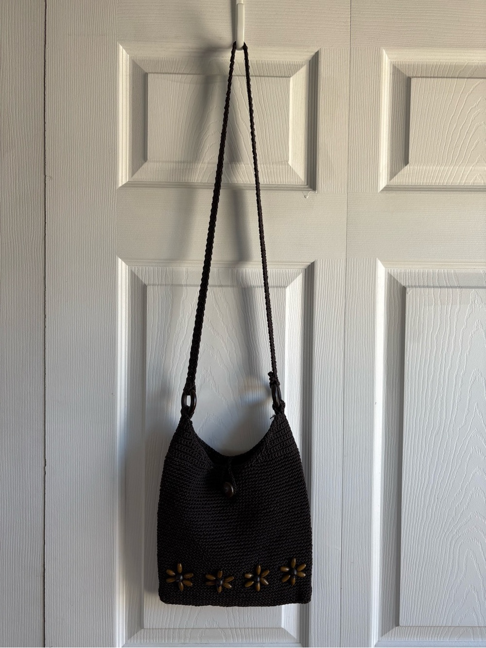 Brown Crochet Purse Crossbody Wood Beads Boho Shabby‎ Hippie Boho Long Handle